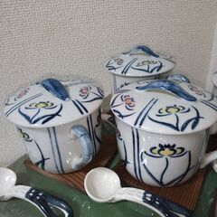 未使用　美濃焼　多用途　茶碗蒸し等、スプーン、コースター付　5客　まるほんとーきの画像