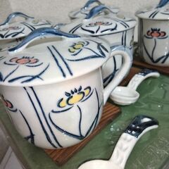 未使用　美濃焼　多用途　茶碗蒸し等、スプーン、コースター付　5客　まるほんとーきの画像