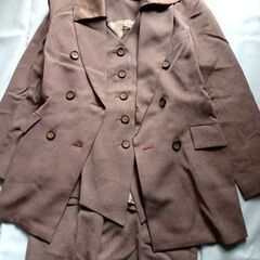 JAN-MELLジャンメール(Jane Marple) スモーキィベージュ×ブラウン ストライプ スリーピース ダブルパンツスーツ 長袖 サイズ9号の画像