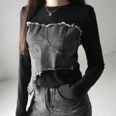 【値下げ◎】me+em select ダメージデニムビスチェドッキンの画像