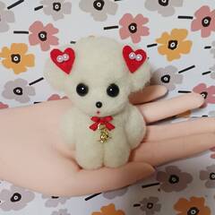 ハートの耳飾りの似合うかわいいマルチーズ　　ケーキ付き　羊毛フェルトの画像