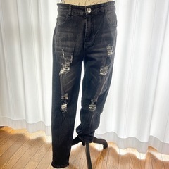 ダメージデニム　スキニーパンツ　ストリート　パンクロック　ブラック　デニム　XLの画像