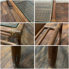 🔷🔶🔷ww5/25 ラタン ガラステーブル センターテーブル ローテーブル コーヒーテーブル リビング テーブル レトロ インテリア ★直接引取歓迎◎🔷🔶🔷の画像