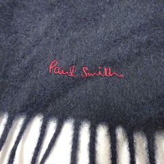 ( E-18 )Paul Smith ポールスミス マフラー 刺繍ロゴ ネイビー 紺色 フリンジ 中古の画像