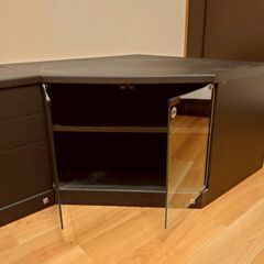 L字型ブラック テレビ台 ガラス扉 2段収納棚付きローボード　テーブルボードの画像