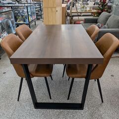 【美品】 ダイニングセット 食卓テーブルセット 天板幅140cm 天板高さ72cm イス4脚 レザーチェア アイアン脚：ブラウン/ブラックの画像