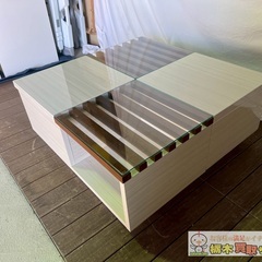 【A155】ローテーブル センターテーブル リビング ホワイトブラウン ガラス ウォールナット 美品の画像