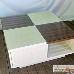 【A155】ローテーブル センターテーブル リビング ホワイトブラウン ガラス ウォールナット 美品の画像