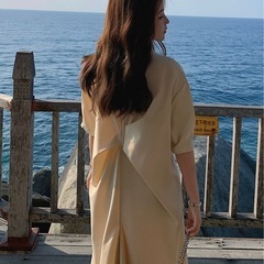 新品❤️ ベージュ シャツワンピース 半袖 ウエストリボン付き　XLサイズの画像