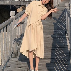 新品❤️ ベージュ シャツワンピース 半袖 ウエストリボン付き　XLサイズの画像