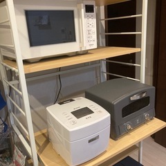 【中古】タンスのゲンで購入 レンジラック レンジ台 大型レンジ対応 スライド棚付き 幅83cm 4段 ゴミ箱 台所 収納 キッチンラック キッチンボード レンジボード ゴミ箱上ラックの画像