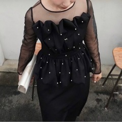 Et.UNiVER 黒 シースルー長袖 ペプラムドレス　Sの画像