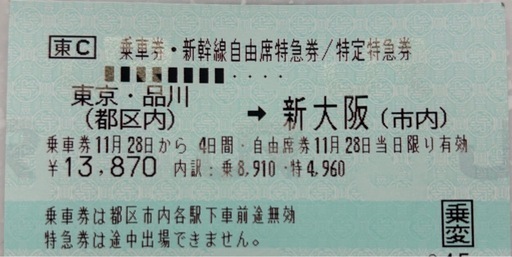 新幹線自由席チケット（東京⇄新大阪）2枚セット