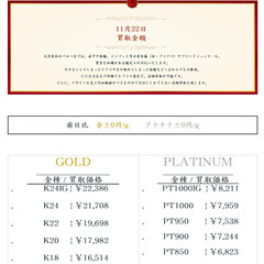 大黒屋仙台パルコ店 11/22 本日の貴金属の買取金額