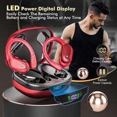 イヤホン bluetooth ワイヤレスイヤホン【2025最新ブルートゥースイヤホン】 Bluetooth 5.3 ENCノイズキャンセリング 最大80時間プレイバック IPX7防水 イヤーフック設計 自動ペアリング LEDディスプレイ 適用 スポーツ/音楽/WEB会議/通勤/通学 (レッド)の画像