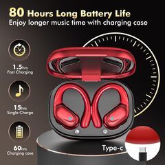 イヤホン bluetooth ワイヤレスイヤホン【2025最新ブルートゥースイヤホン】 Bluetooth 5.3 ENCノイズキャンセリング 最大80時間プレイバック IPX7防水 イヤーフック設計 自動ペアリング LEDディスプレイ 適用 スポーツ/音楽/WEB会議/通勤/通学 (レッド)の画像