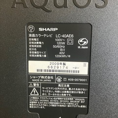 J637⭐️ シャープ　40型テレビ　2009年製　リモコン付きの画像