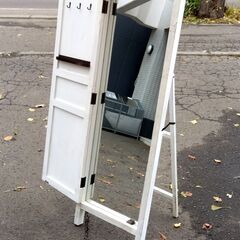 姿見 ホワイト/白 幅44×高135cm スタンド シャビー ミラー カントリー調 家具 札幌市 中央区 南12条の画像