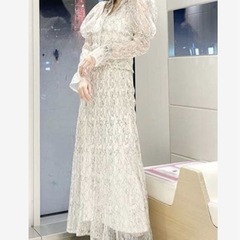 レースシャーリングスキッパーブラウス&スカート　ボルドーパンプスセットの画像