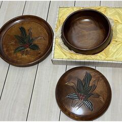 【昭和レトロ】おもと彫り 木製 菓子器 3点セット／盆付重箱／和風 茶道 菓子器／木彫／共箱入り／和モダン インテリアにも◎の画像