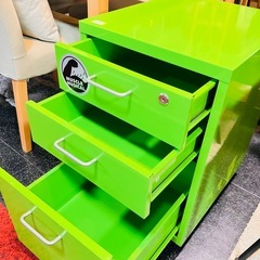 デスクワゴン　サイドワゴン　デスクキャビネット　3段　スチール製　グリーンの画像