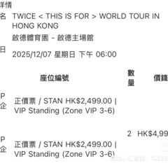 TWICE 香港 2025/12/7 啟德體育館 VIPスタンディング 4枚 原価譲渡（12/6まで香港で手渡し可）の画像