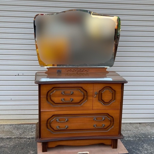 M1122708N 宮城県 引き取り ドレッサー フラミンゴ 鏡台 アンティーク調 洋室 インテリア 一面鏡 チーク柾 当時物 中古品 現状品