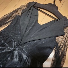 チュールパーティーワンピース　水玉　ロング　フレアー 結婚式 二次会 お呼ばれ  黒の画像