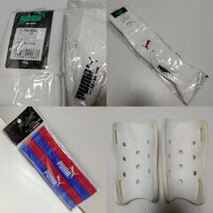 ◆PUMA プーマ｜サッカー用品 3点セット｜未使用ソックス｜未使用マジックテープバンド｜中古品レガース｜サッカー｜フットサルの画像