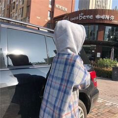 【新品・未使用】パーカー チェック柄 ギンガムチェック 軽い 裏起毛 韓国 オルチャン 秋 冬  ブルー 軽い 裏起毛 ギンガムチェック 格子 韓国 レディース Lサイズの画像