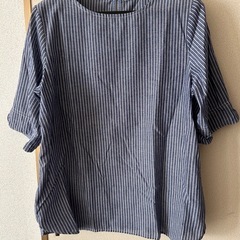freepark ストライプブラウス 五分袖 ネイビー