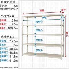  スチールラックのキタジマ NC-1800 幅180×奥行45×高さ180cm 5段 ホワイト 70kg/段の画像