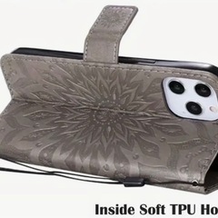 ★未使用★グレーのエンボス花柄iPhoneケース★スタンドとカードスロット付き★未使用品★の画像