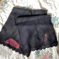 昭和レトロ　ショール　マフラー　レース　縮緬風　ブラック　リボン刺しゅうの画像