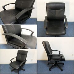 エグゼクティブチェア 肘付き役員椅子 オフィスチェア ブラック合皮レザー ガス圧昇降・ロッキング機能搭載・360°回転式デスクチェアの画像