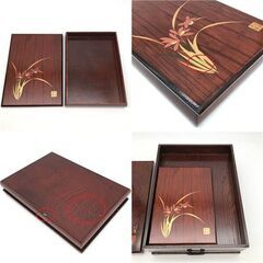 ss7955　文箱セット 明峰作 漆芸 2段 小箱付 文庫箱 文房具箱 ペントレー 手許箱 文庫箱 小物入れ 葉書入れ 手紙 レターケース 文具 和小物 レトロ 雑貨 文箱 中古の画像