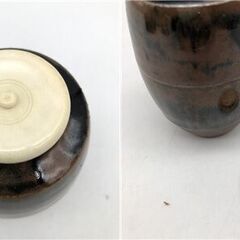 ss7958　古瀬戸肩衝茶入 錠鉄造 共箱入り 仕覆付き 捻梅唐草緞子 陶器製 茶入れ 茶道具 抹茶 濃茶 山口錠鉄 茶入 中古の画像