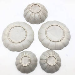 ss7964　菊皿 5点セット ホワイト系 布目粉引 和皿 皿＆小鉢 小付 プレート ボウル 白 花の形のお皿 花皿 中古の画像