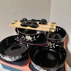 未使用　有田焼　慶斎窯　焼汁椀 多用途丼揃天目桔梗約16cmお箸　箸置お盆5客の画像