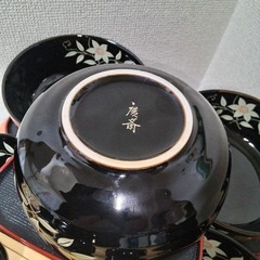 未使用　有田焼　慶斎窯　焼汁椀 多用途丼揃天目桔梗約16cmお箸　箸置お盆5客の画像