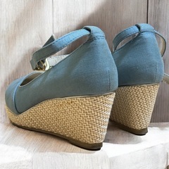 アンクルストラップ ウェッジパンプス 23cm ブルー ウェッジソールの画像