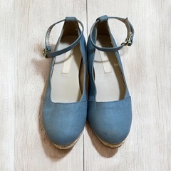 アンクルストラップ ウェッジパンプス 23cm ブルー ウェッジソールの画像