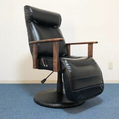 リクライニングチェア 昇降機能・背無段階調節・360°回転式・可動式フット4段階 ブラック パーソナルチェア天然木肘付　オットマン一体型の画像