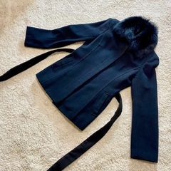 ファー襟付きウールコート カシミヤ混 ブラック9AR ベルト付き 上品フォーマルの画像