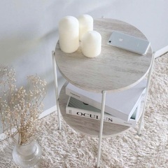 サイドテーブル　2段　丸テーブル　ミニテーブル　ホワイト　白　木目調　北欧風の画像