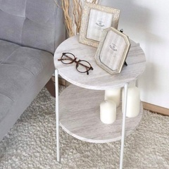 サイドテーブル　2段　丸テーブル　ミニテーブル　ホワイト　白　木目調　北欧風の画像