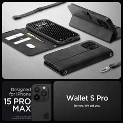 Spigen 【創業18年の技術力】 iPhone 15 Pro Max ケース 手帳型 革 ショルダー ストラップ 財布 マグネット式 カード収納 スタンド機能 カード ウォレットSプロ ACS06605 (ブラック)の画像