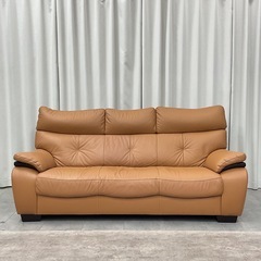 KK-27【新入荷　リサイクル品】本革/ハイバック　3シーターソファ　キャメルの画像