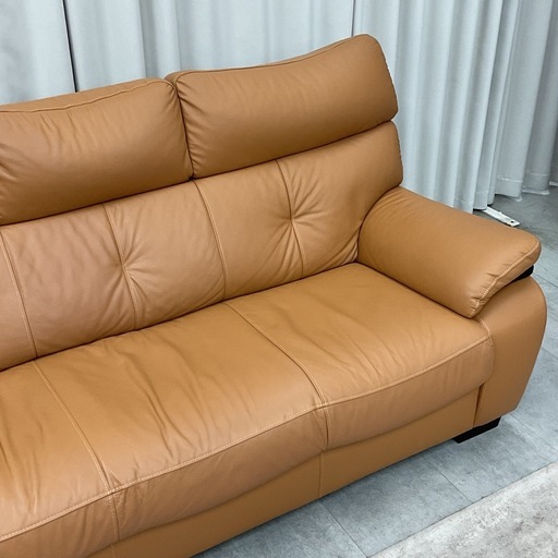 KK-27【新入荷　リサイクル品】本革/ハイバック　3シーターソファ　キャメル