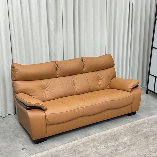 KK-27【新入荷　リサイクル品】本革/ハイバック　3シーターソファ　キャメル